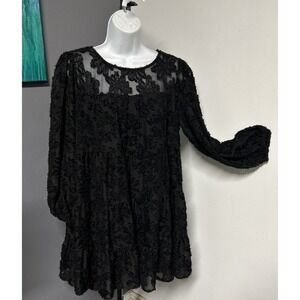 Zara Women's Medium Black Babydoll Mini Dress Sheer Floral Overlay Lined Gothic
